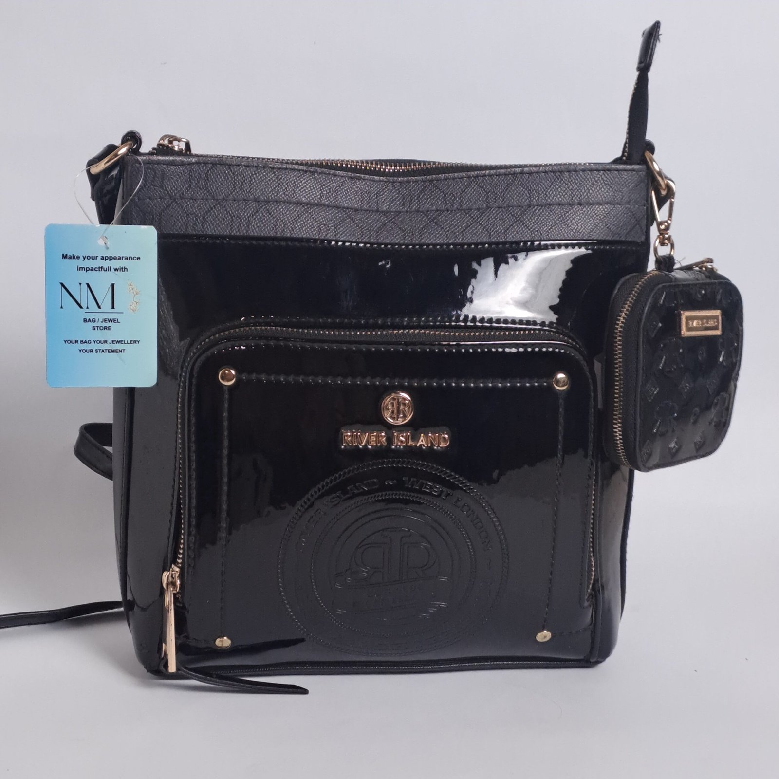 River Island Patent Monogram Messenger Bag