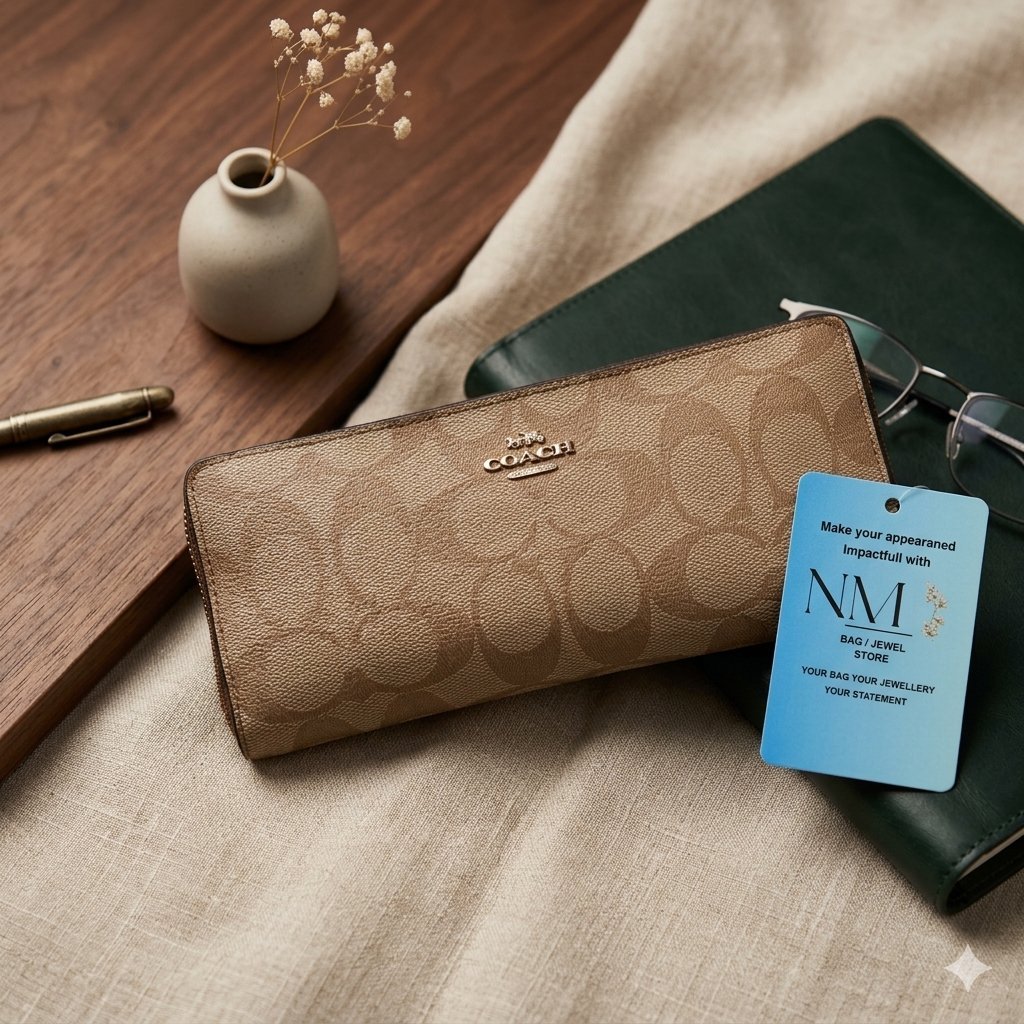COACH Slim Zip Wallet in Signature Canvas (Khaki/Saddle