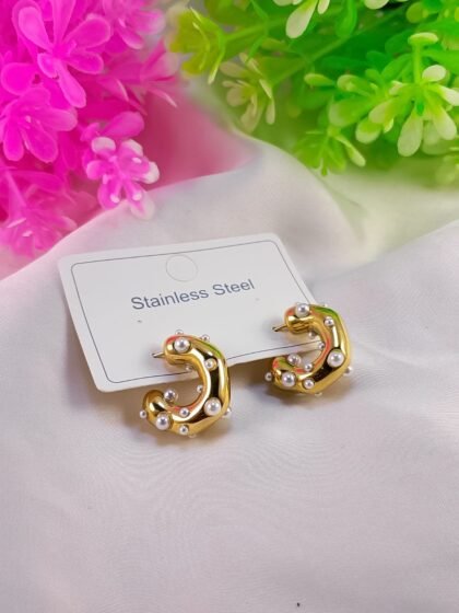 Premium Stainless Steel Pearl Studded Chunky Hoop Earrings