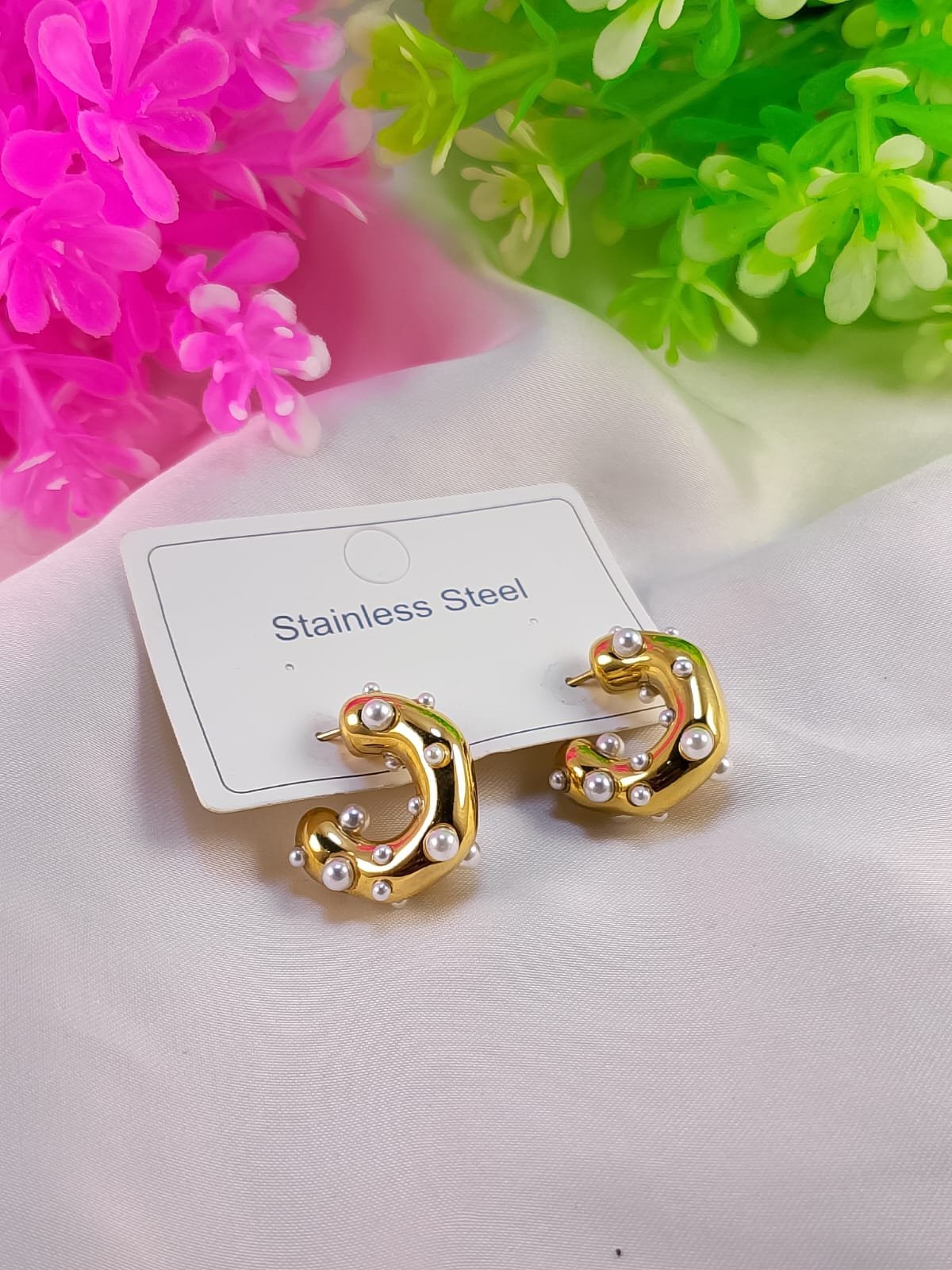 Premium Stainless Steel Pearl Studded Chunky Hoop Earrings